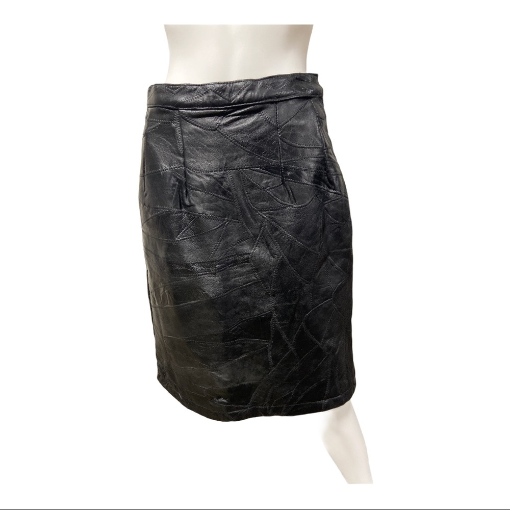Patchwork Pattern Black Natural Leather Skirt 10 … - image 4